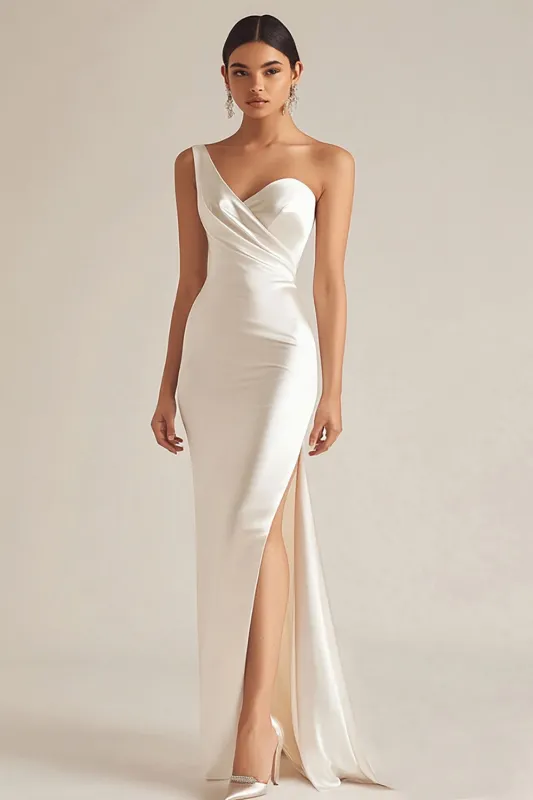 Ivory Sheath One Shoulder Long Engagement Dress with Slit sold by Zapaka