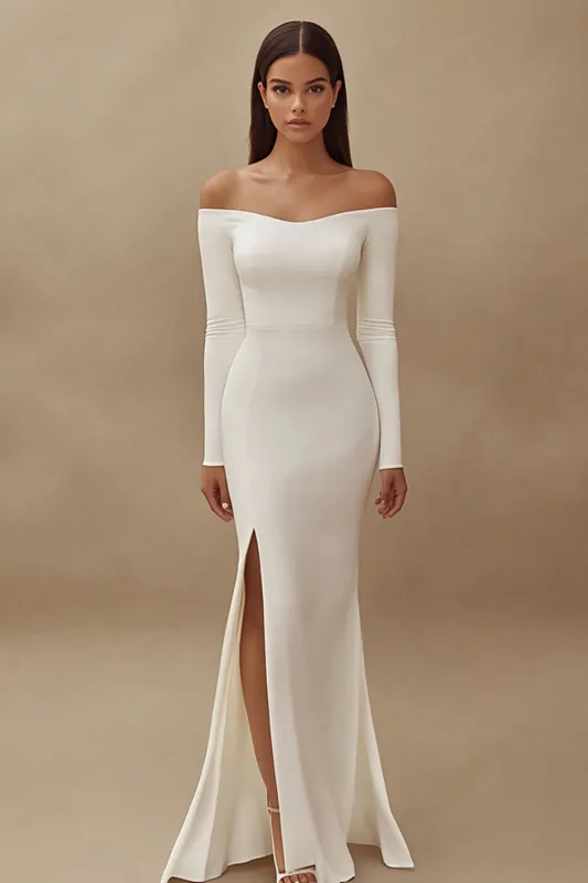 Ivory Sheath Long Satin Engagement Dress with Slit made by Zapaka