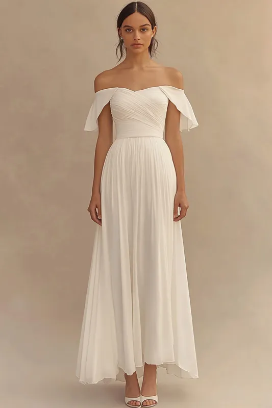 Long Chiffon A Line Off the Shoulder Ivory Engagement Dress sold by Zapaka
