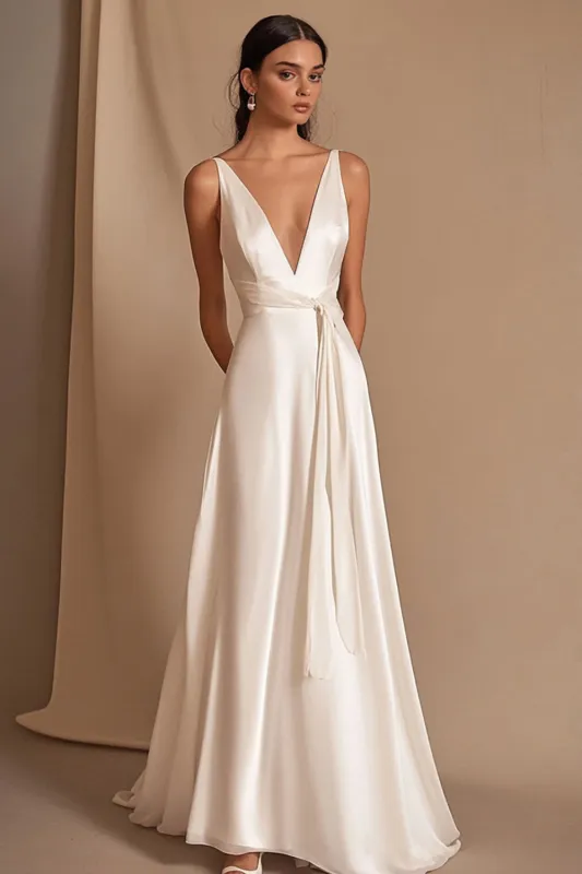 Ivory A Line V-Neck Long Engagement Dress with Sash sold by Zapaka