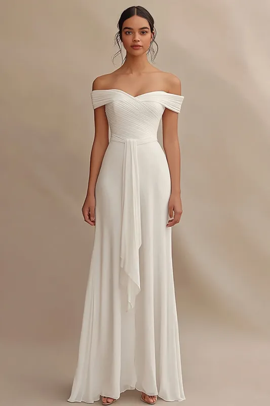 Off The Shoulder A Line Long Chiffon Ivory Engagement Dress with Ruffles sold by Zapaka