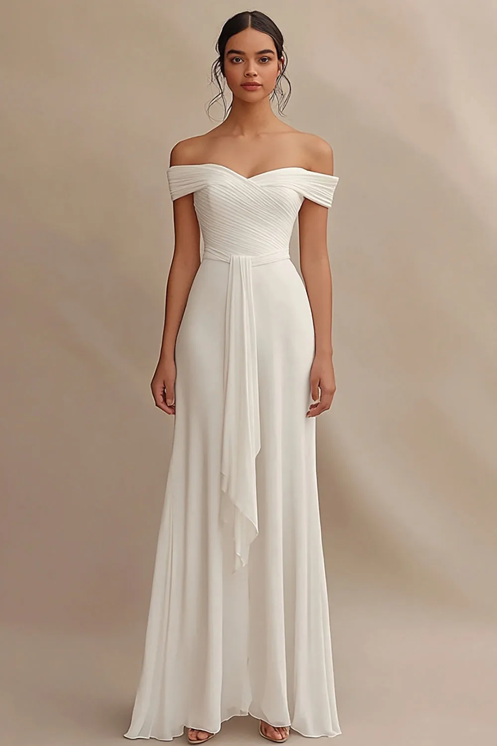 Off The Shoulder A Line Long Chiffon Ivory Engagement Dress with Ruffles sold by Zapaka