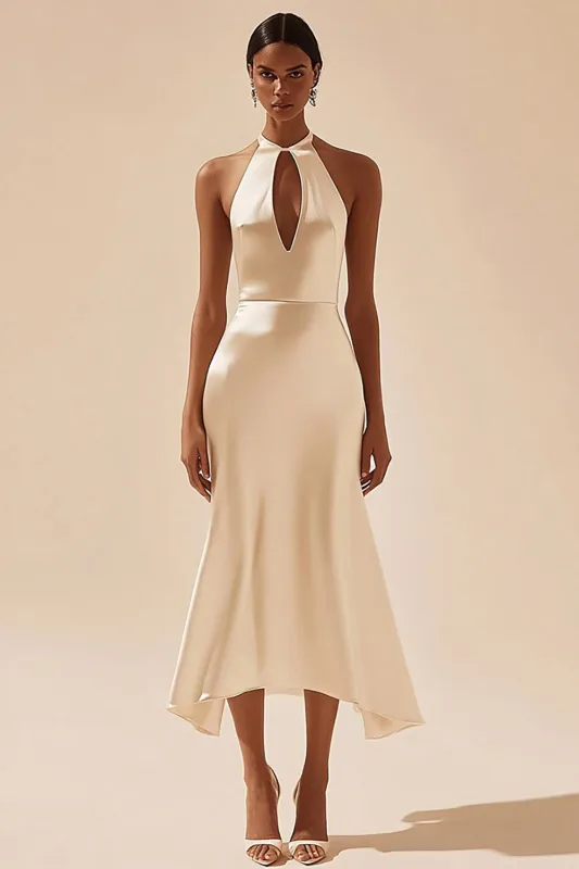 Halter Satin Mermaid Ivory Keyhole Engagement Dress sold by Zapaka