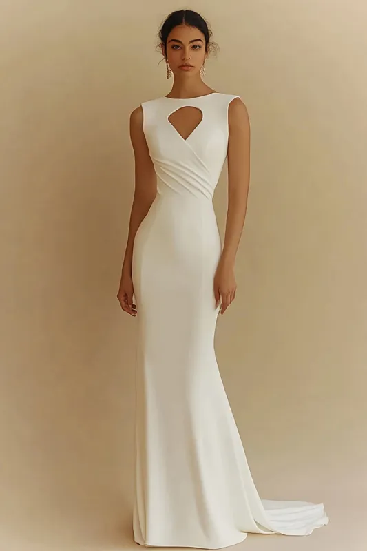 Ivory Sheath Keyhole Bateau Long Engagement Dress sold by Zapaka