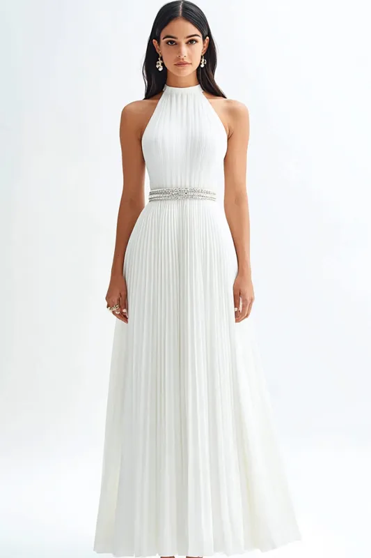 Ivory Satin A Line Halter Pleated Long Engagement Dress sold by Zapaka