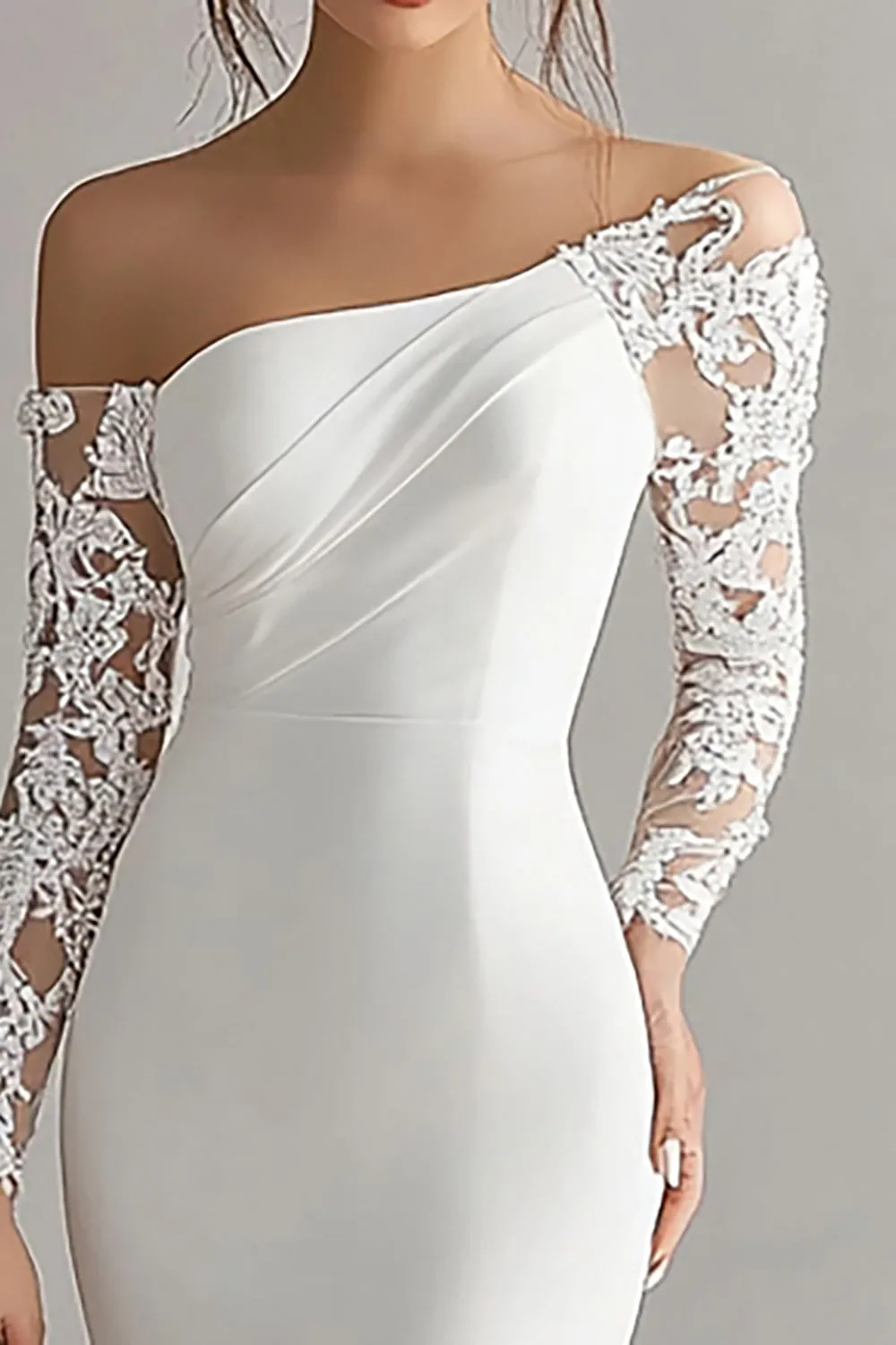 Off the Shoulder Satin Sheath Ivory Engagement Dress with Lace sold by Zapaka product image thumbnail 2