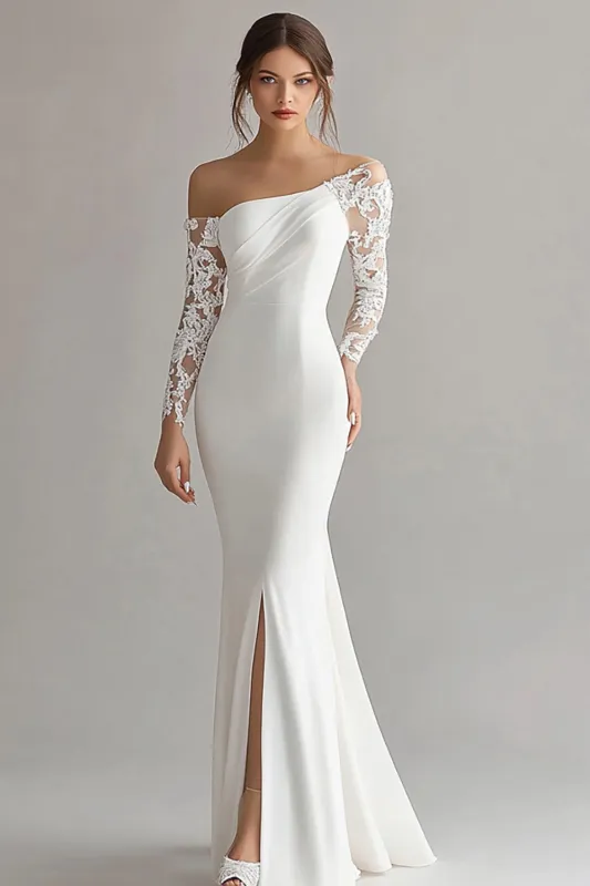 Off the Shoulder Satin Sheath Ivory Engagement Dress with Lace sold by Zapaka