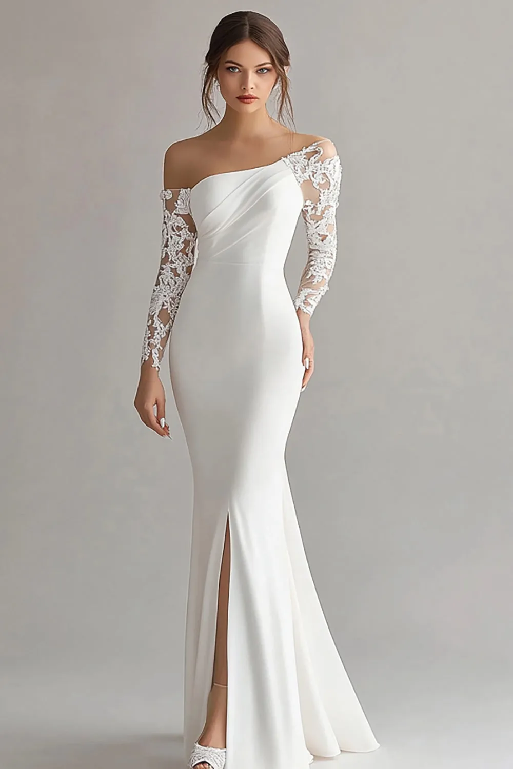 Off the Shoulder Satin Sheath Ivory Engagement Dress with Lace sold by Zapaka