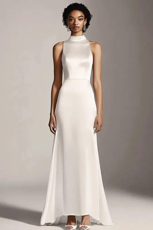 Satin Mermaid High Neck Long Ivory Engagement Dress sold by Zapaka