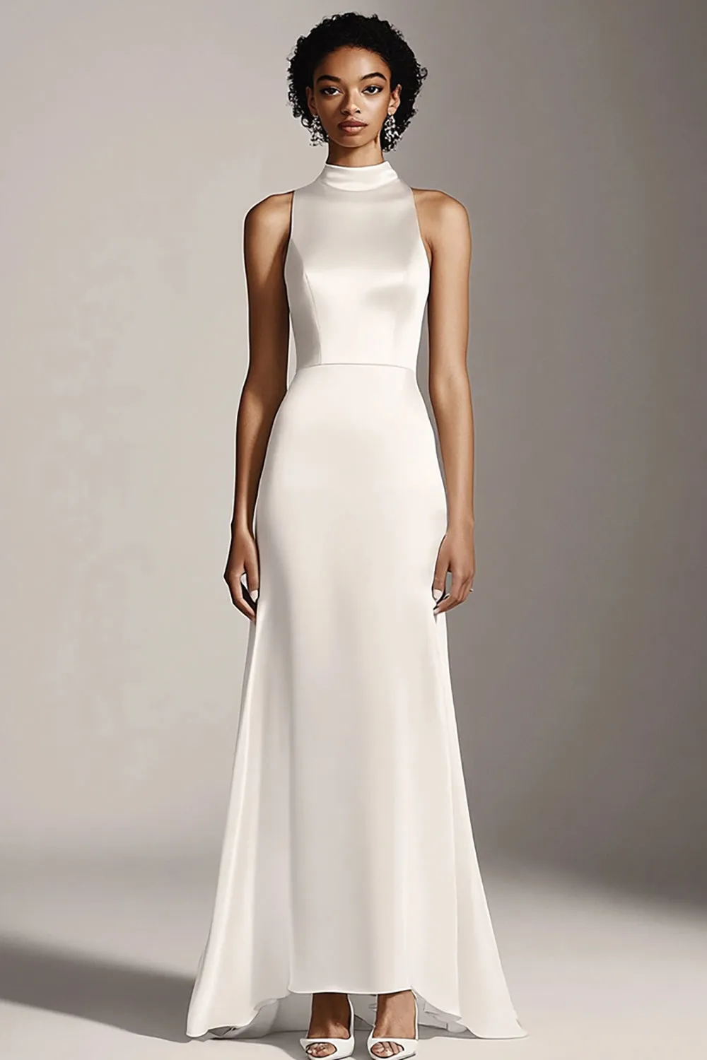 Satin Mermaid High Neck Long Ivory Engagement Dress sold by Zapaka