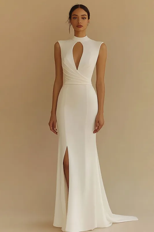 Ivory Sheath High Neck Long Engagement Dress with Slit sold by Zapaka