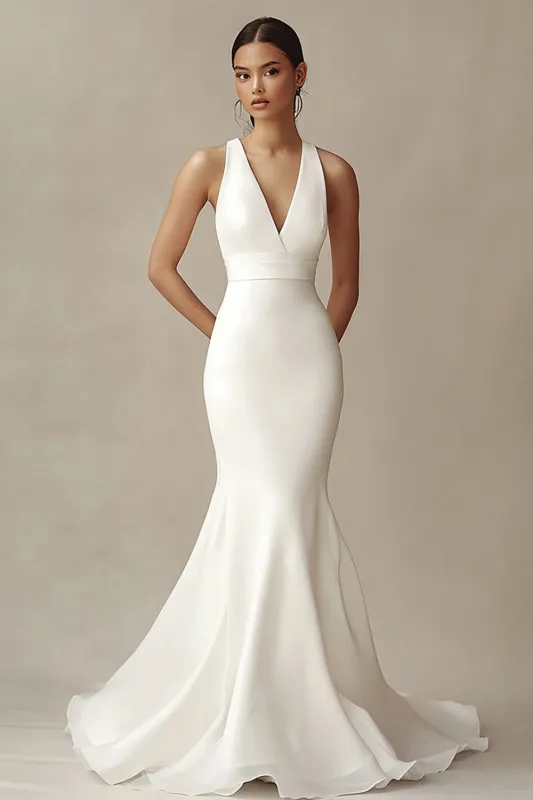 Ivory Mermaid Long Chiffon Engagement Dress sold by Zapaka