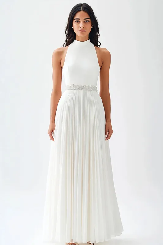 High Neck Chiffon A Line Ivory Engagement Dress with Belt sold by Zapaka
