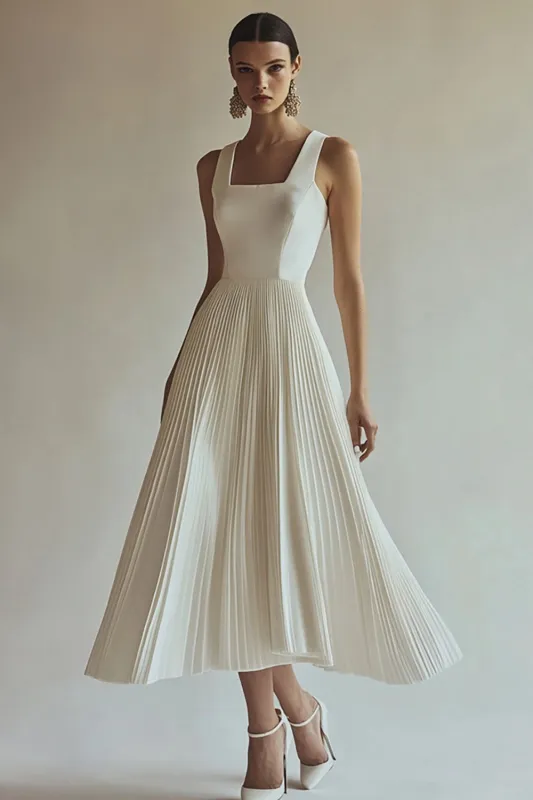 Ivory Satin A Line Square Neck Tea-Length Engagement Dress with Pleats sold by Zapaka