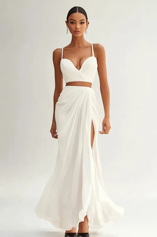 Ivory Two Piece Sheath Spaghetti Straps Long Engagement Dress with Slit sold by Zapaka