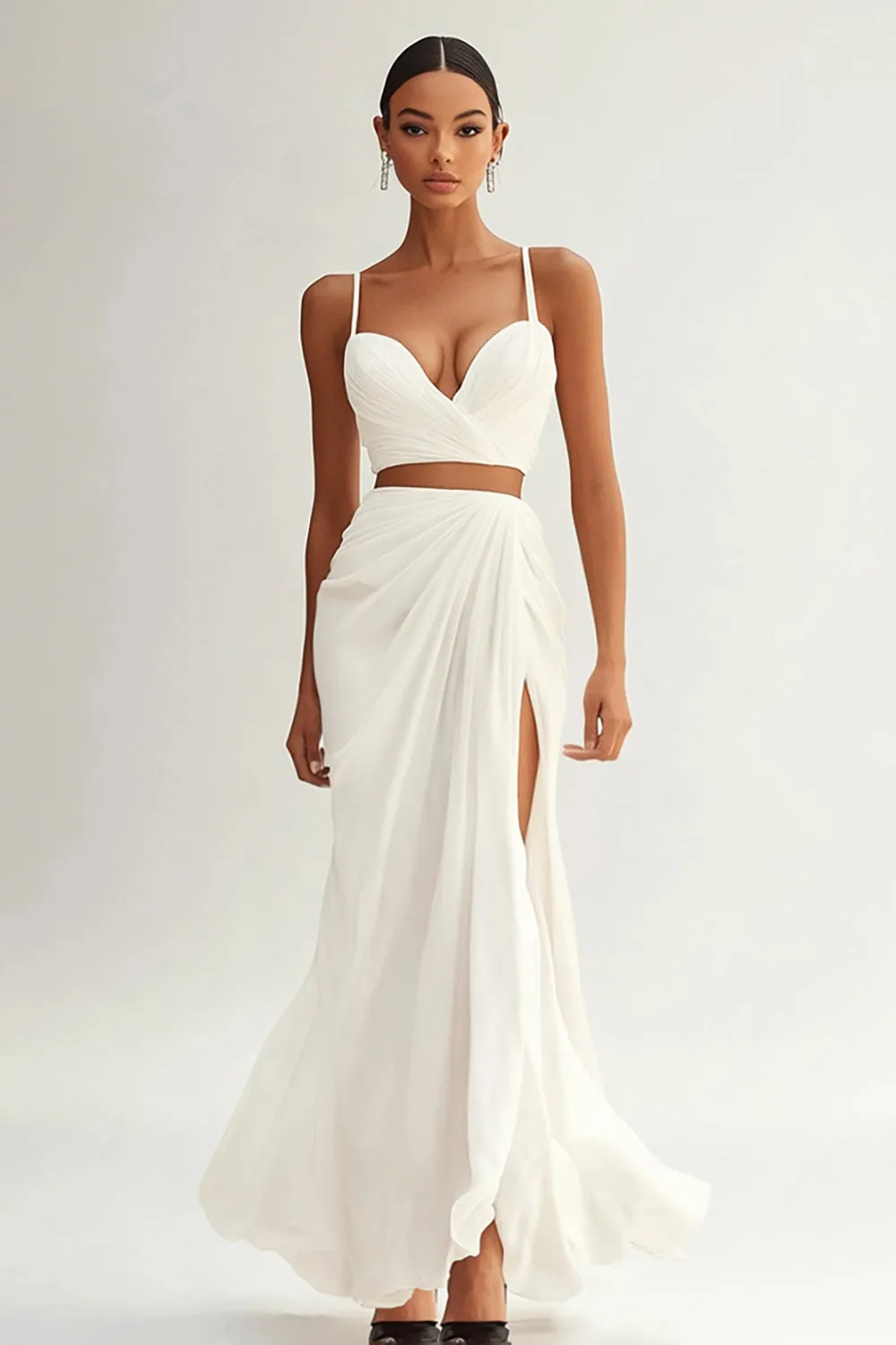 Ivory Two Piece Sheath Spaghetti Straps Long Engagement Dress with Slit sold by Zapaka