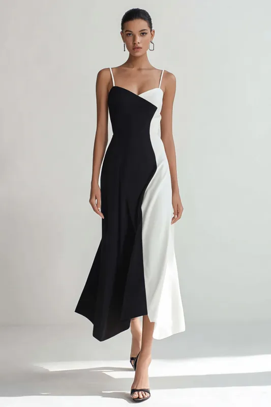 Black and white Chiffon Sheath Spaghetti Straps Long Formal Dress made by Zapaka