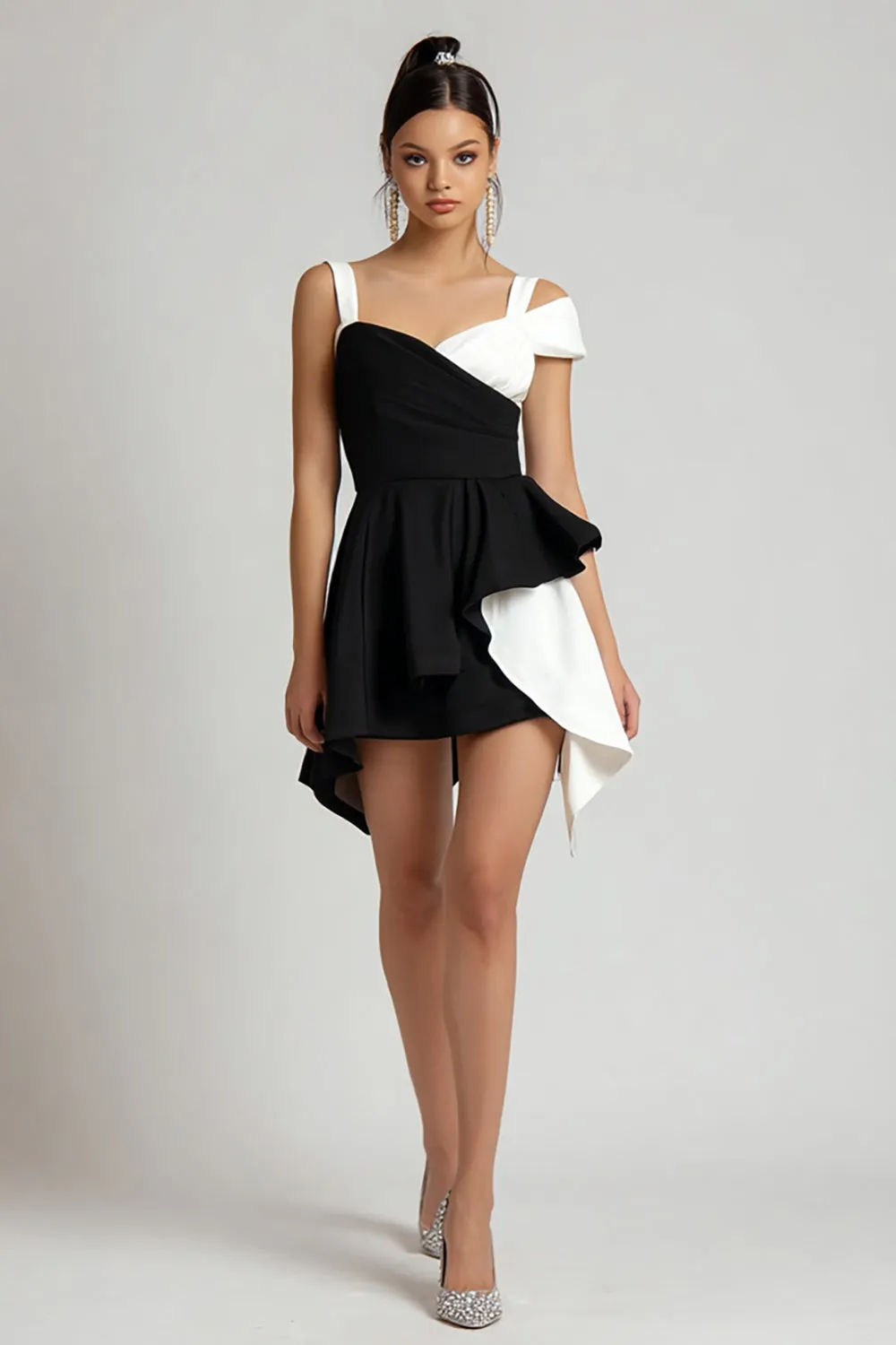 Black and White A Line Little Black Dress with Ruffles sold by Zapaka