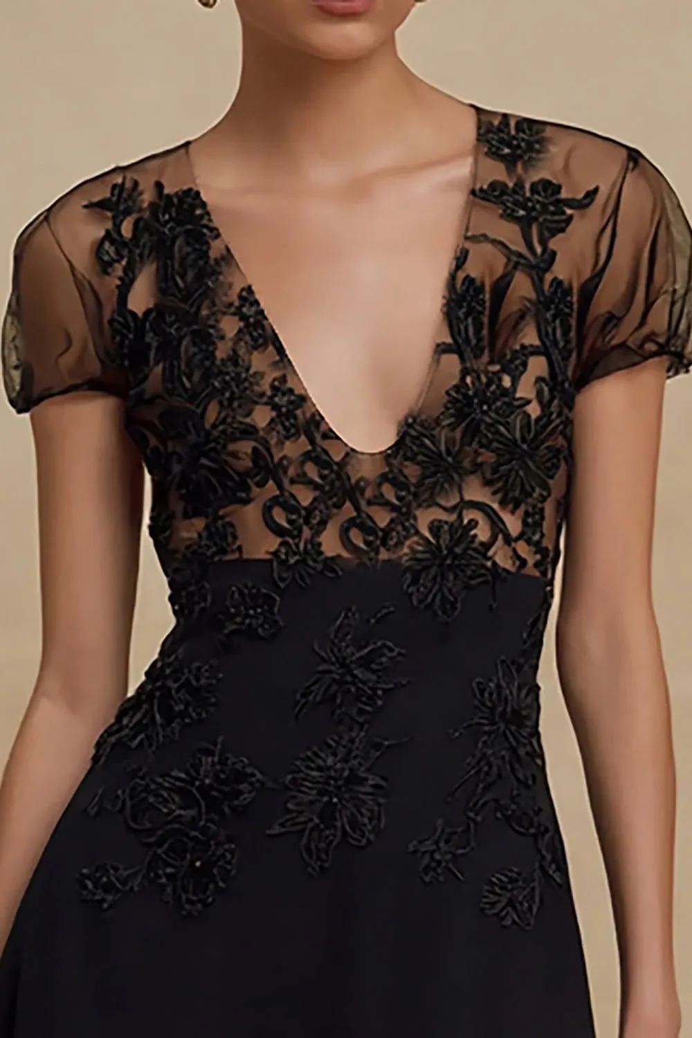 Black Chiffon A Line V-Neck Little Black Dress with Lace sold by Zapaka product image thumbnail 2