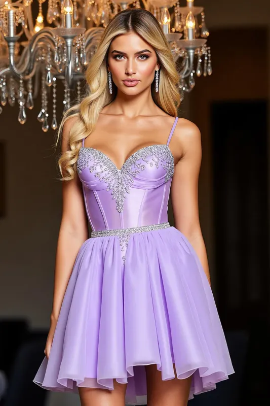 Purple Short Satin A Line Spaghetti Straps Homecoming Dress with Rhinestone sold by Zapaka