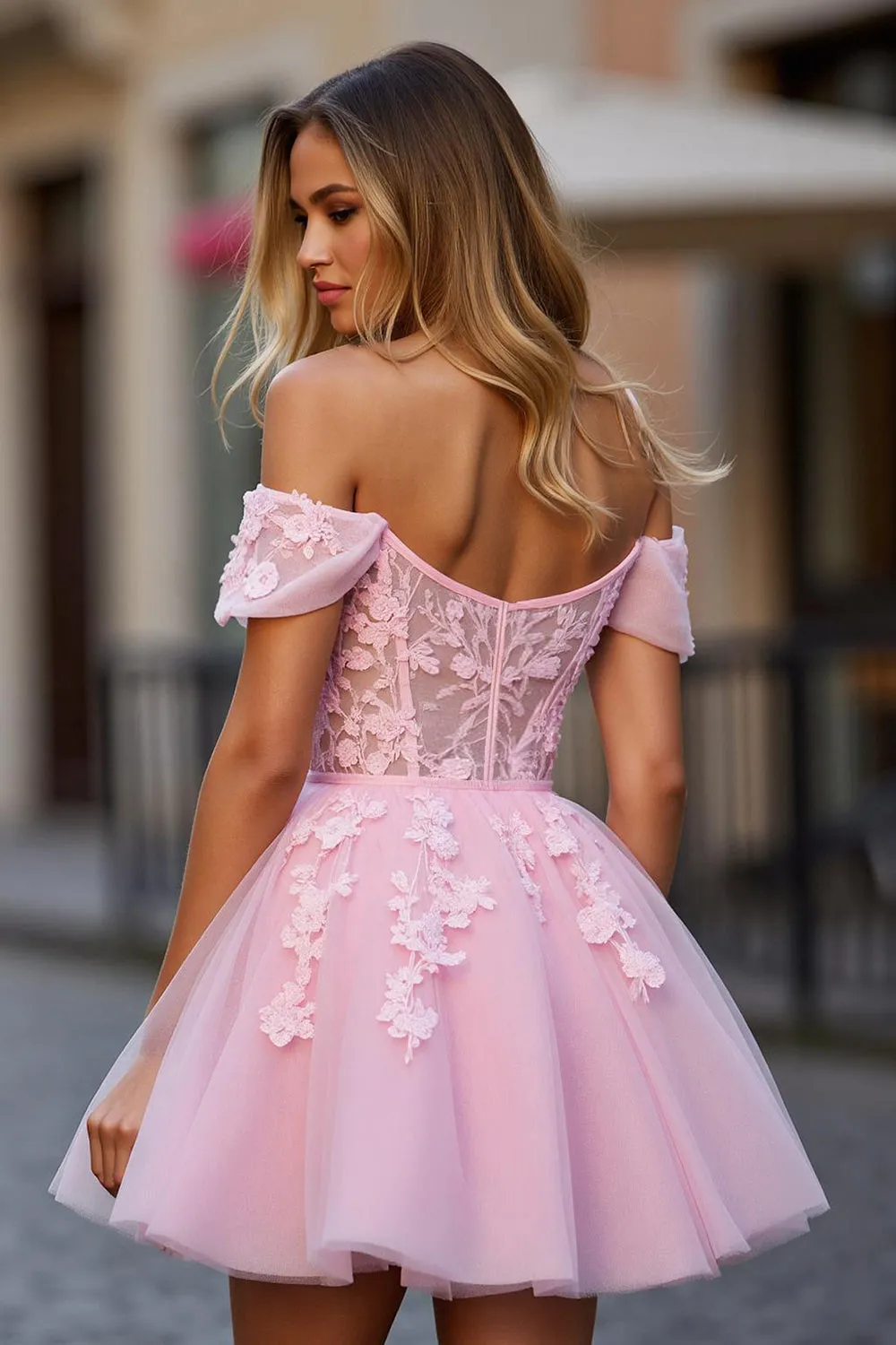 A Line Short Tulle Pink Homecoming Dress with Appliques sold by Zapaka product image thumbnail 2
