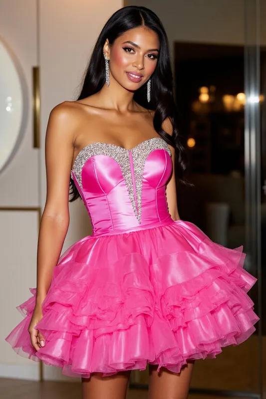 A Line Short Satin Fuchsia Homecoming Dress with Ruffles sold by Zapaka