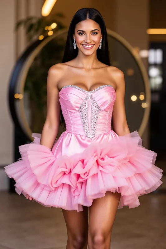 Hot Pink A Line Short Satin Homecoming Dress with Ruffles sold by Zapaka