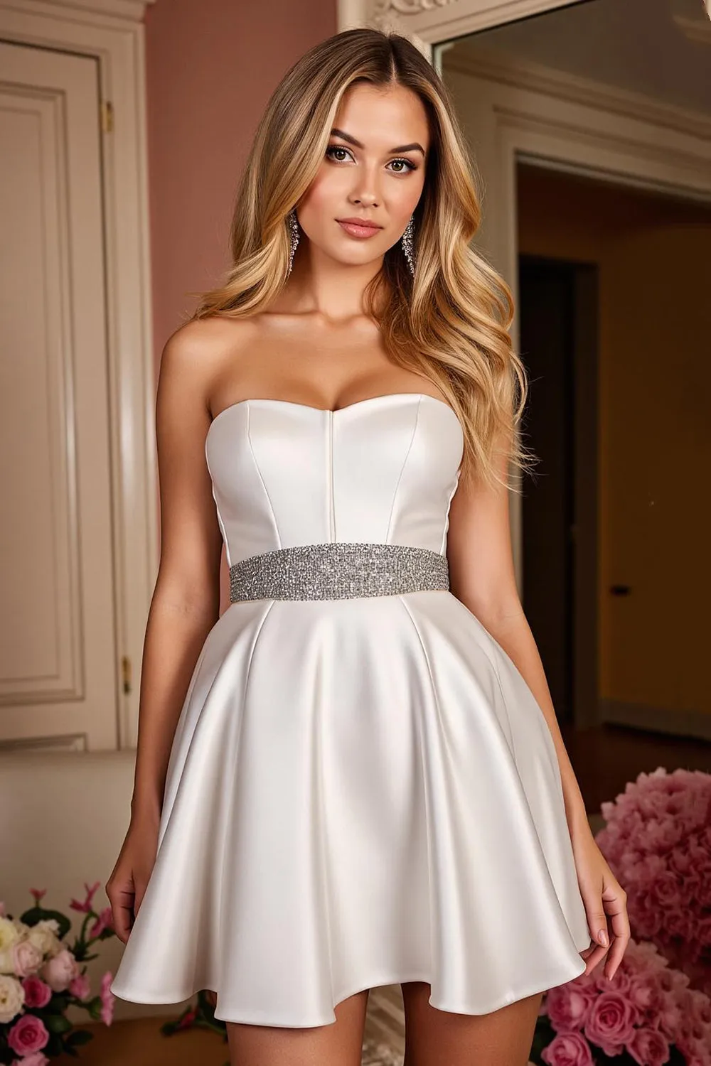 Satin A Line Strapless Short White Homecoming Dress with Rhinestone sold by Zapaka