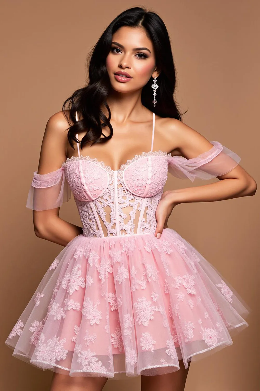 Pink Tulle A Line Off the Shoulder Short Homecoming Dress with Lace sold by Zapaka