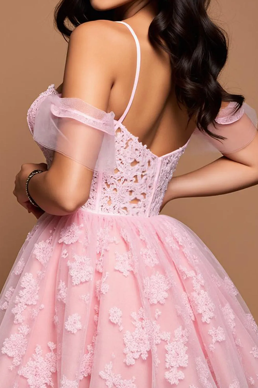 Pink Tulle A Line Off the Shoulder Short Homecoming Dress with Lace sold by Zapaka product image thumbnail 4