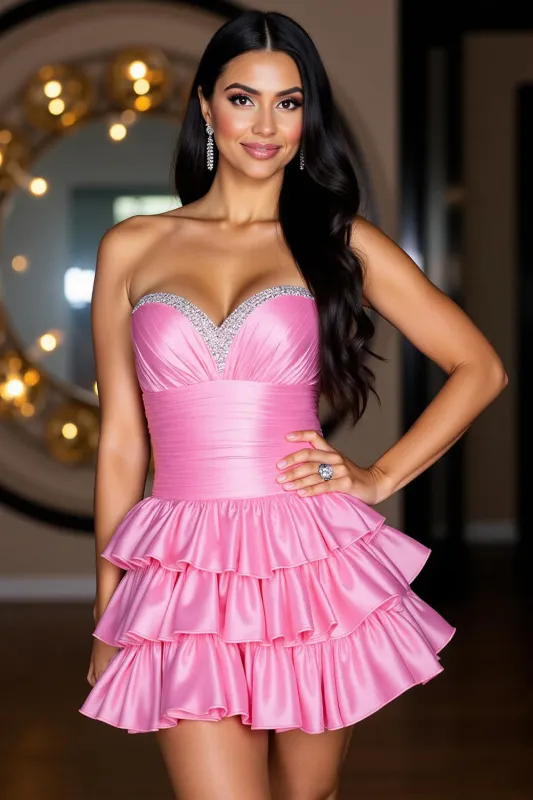 Strapless Tiered Satin A Line Hot Pink Homecoming Dress with Ruffles sold by Zapaka