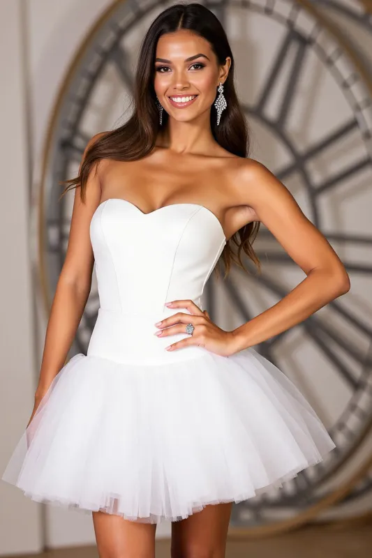 A Line Short Satin White Homecoming Dress sold by Zapaka