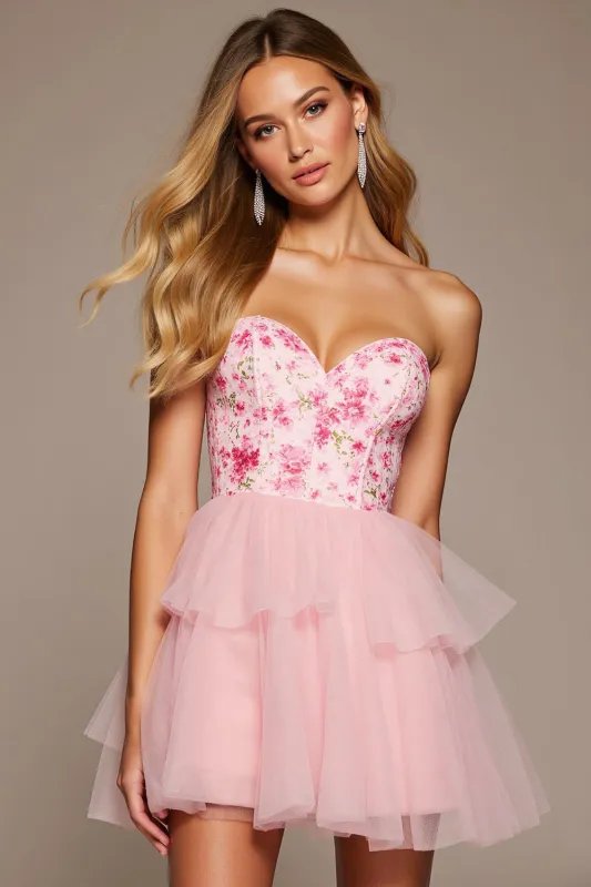 Pink Flower Tulle A Line Strapless Short Homecoming Dress with Ruffles sold by Zapaka