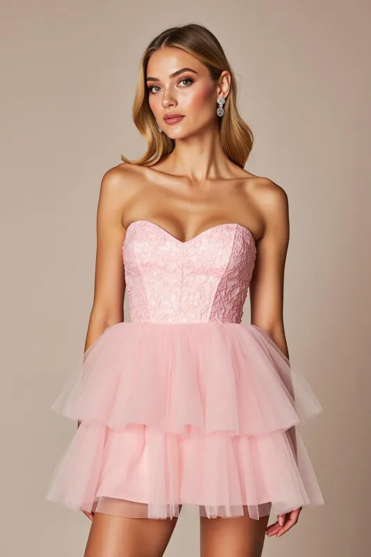 Pink Organza A Line Strapless Short Homecoming Dress with Ruffles sold by Zapaka