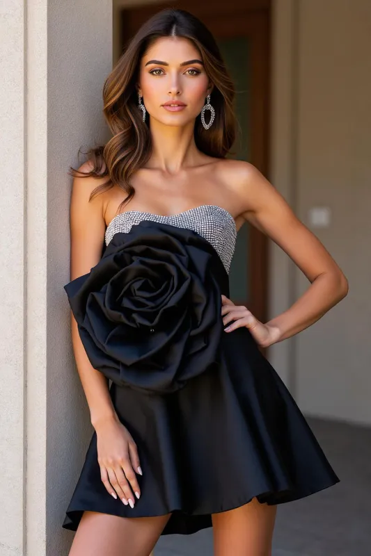 Black Satin A Line Strapless Short Homecoming Dress with 3D Flower sold by Zapaka