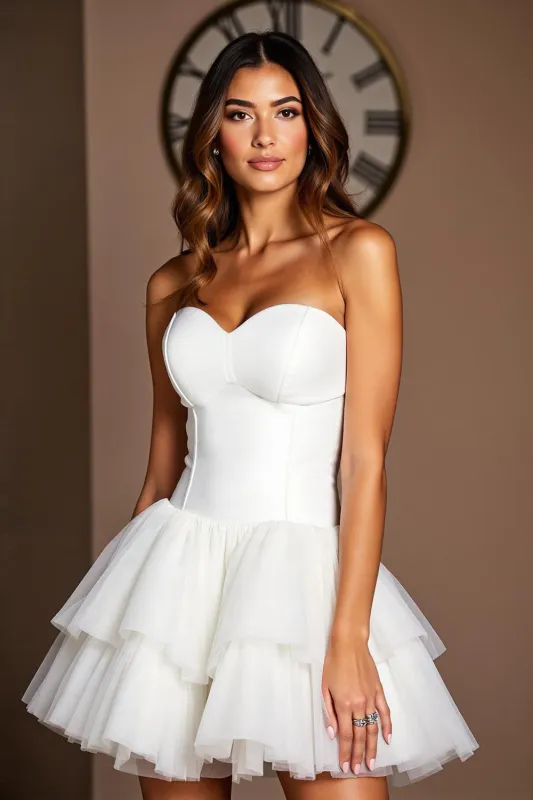 Strapless Tiered Organza A Line White Homecoming Dress with Ruffles sold by Zapaka