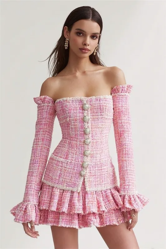 Pink Tweed A Line Short Homecoming Outfits with Ruffles sold by Zapaka