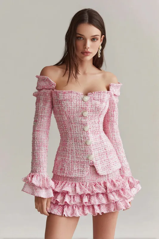 Pink Off the Shoulder 2-Piece Tweed A Line Homecoming Outfits with Ruffles sold by Zapaka