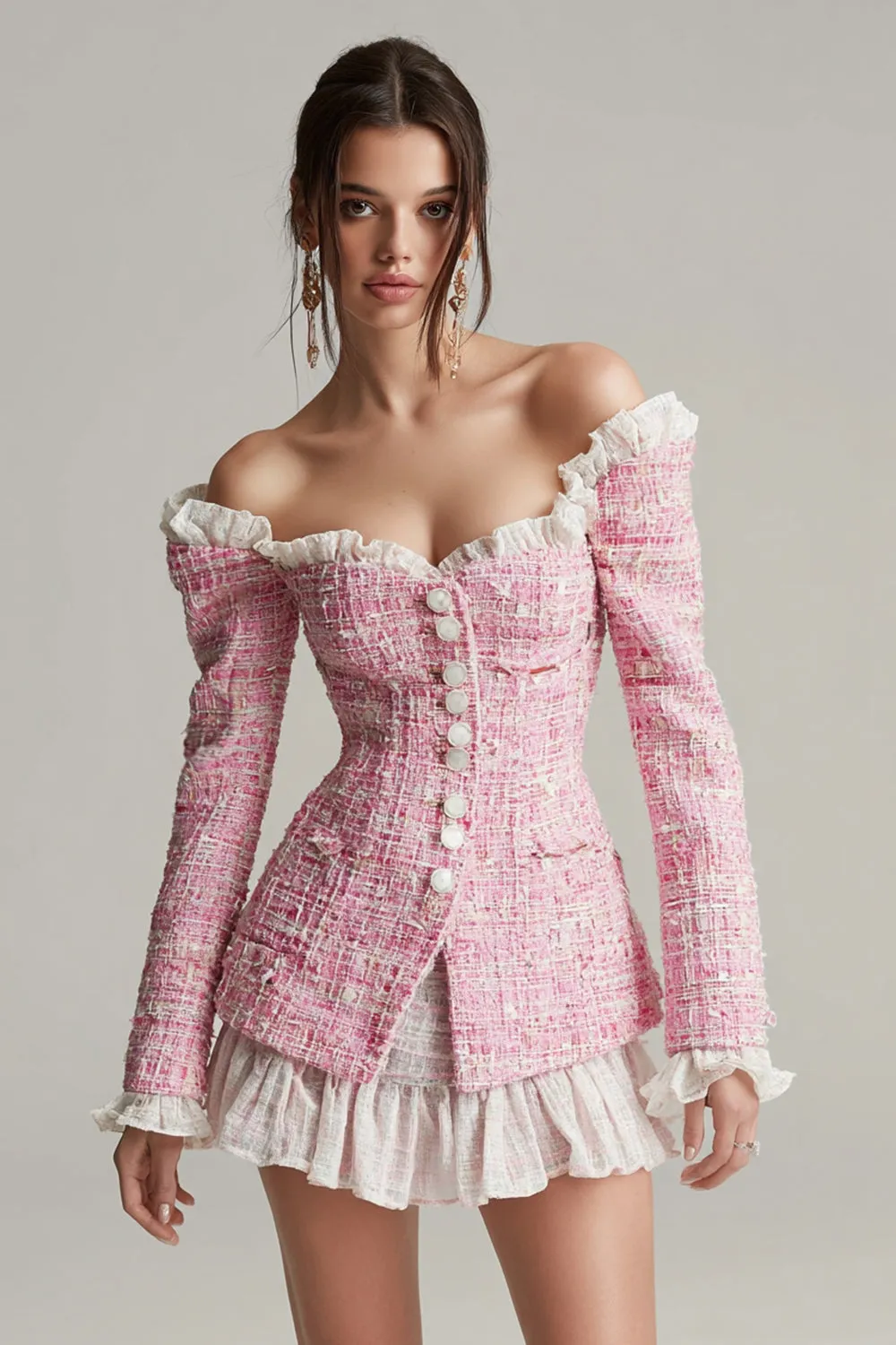 Pink Tweed A Line Off the Shoulder Short Homecoming Outfits with Ruffles sold by Zapaka