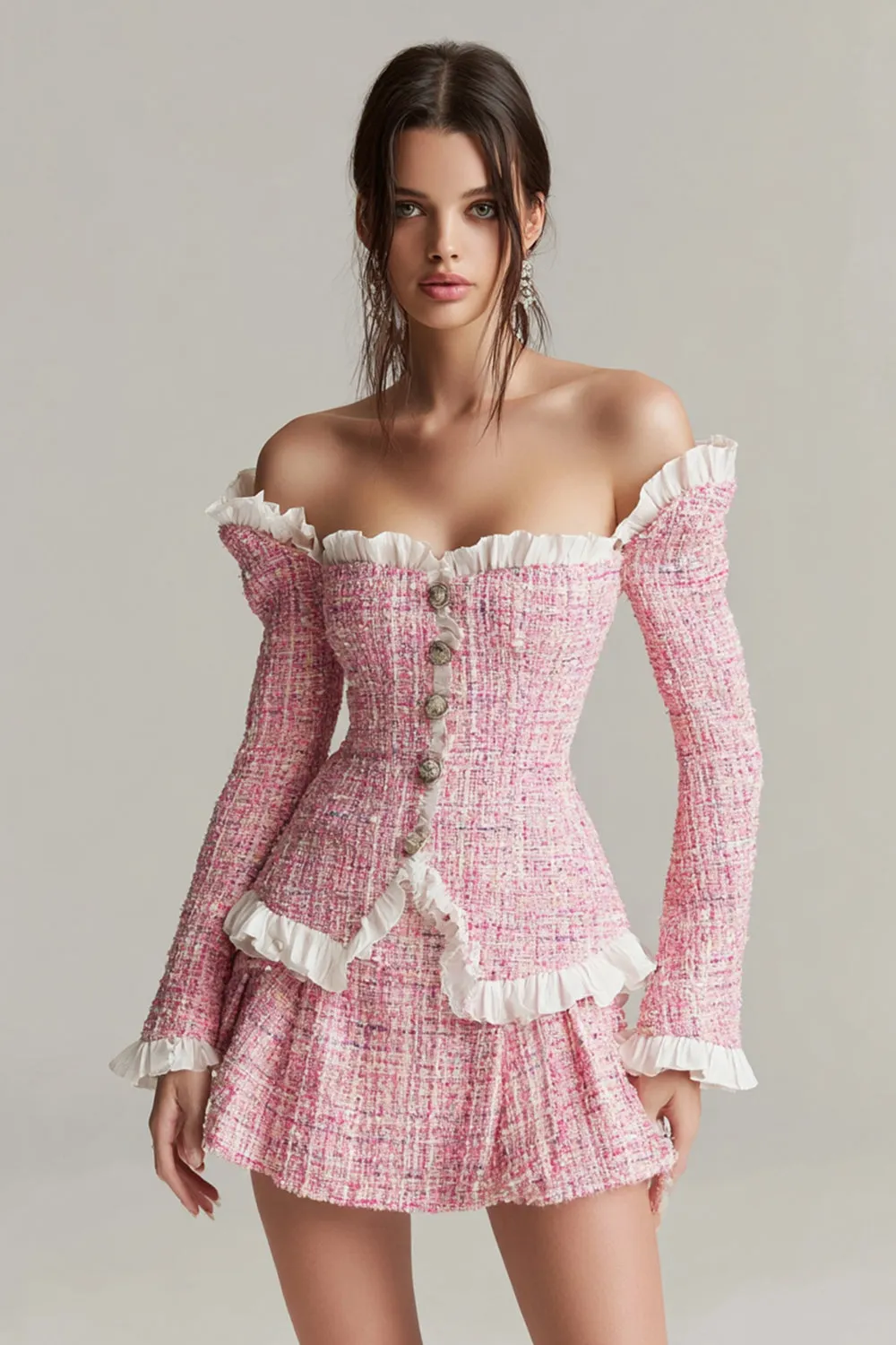 Pink A Line Short 2-Piece Tweed Homecoming Outfits with Ruffles sold by Zapaka