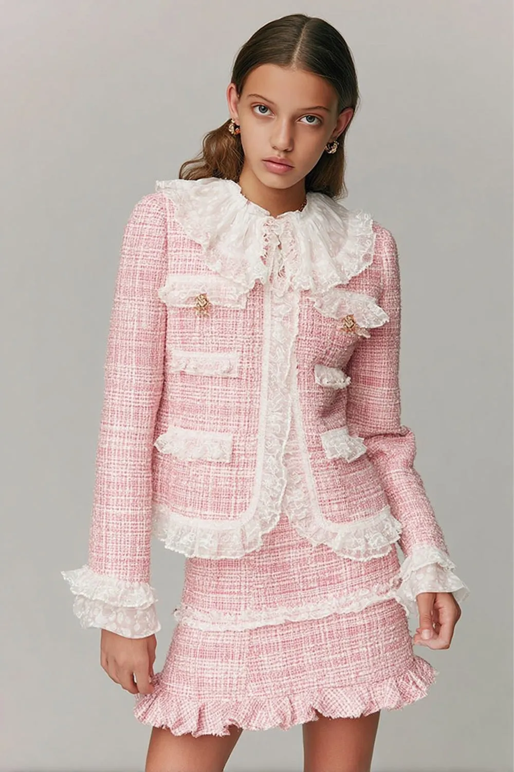 Pink Short Tweed Bodycon Peter Pan Collar Homecoming Outfits with Ruffles sold by Zapaka