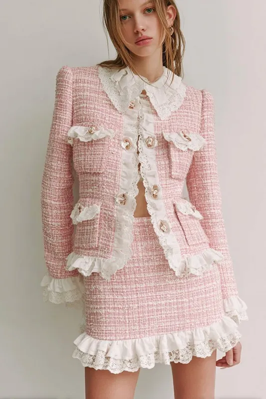 Tweed Bodycon Peter Pan Collar Short Pink Homecoming Outfits with Ruffles sold by Zapaka