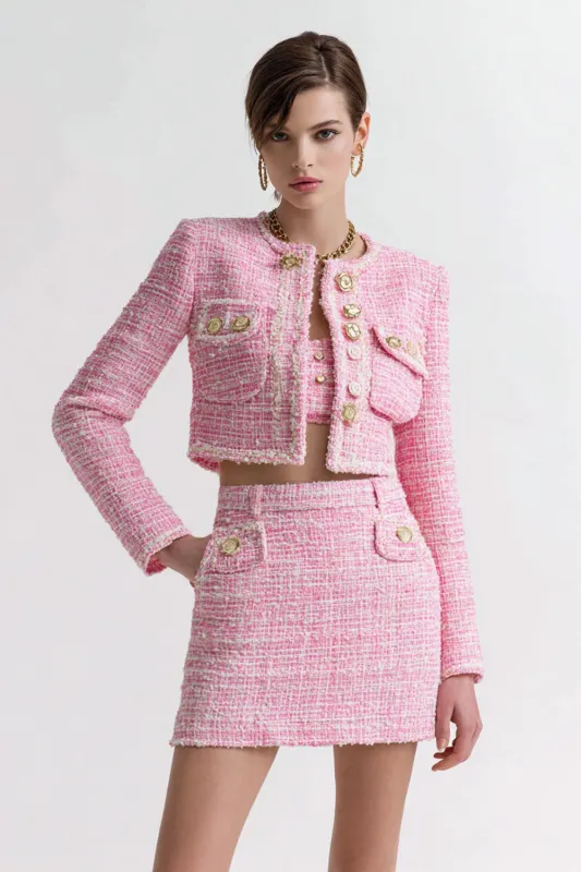 Pink Bodycon Short 2-Piece Tweed Homecoming Outfits sold by Zapaka