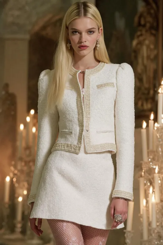 White Tweed A Line Round Neck Short Homecoming Outfits sold by Zapaka