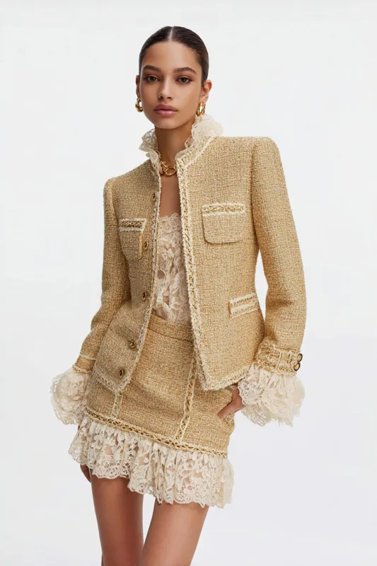 Tweed Bodycon High Neck Short Golden Homecoming Outfits with Lace sold by Zapaka