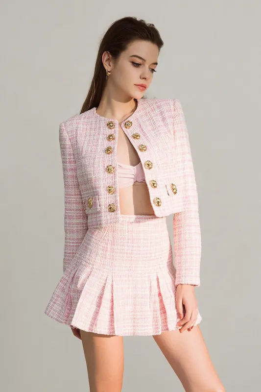 Tweed A Line Round Neck Short Pink Homecoming Outfits sold by Zapaka