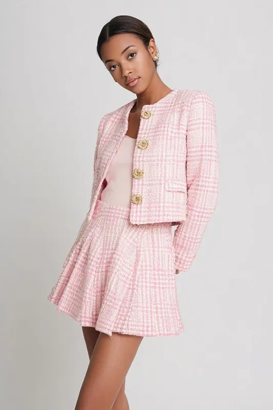 Pink A Line Short 2-Piece Tweed Homecoming Outfits sold by Zapaka
