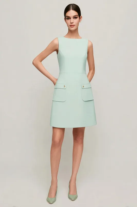 Green Satin A Line Crew Neck Short Work Dress with Pockets sold by Zapaka