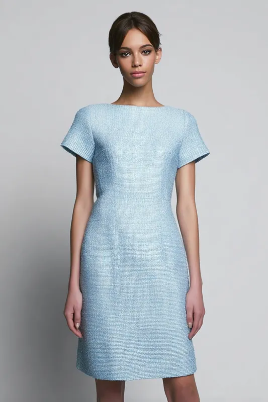 Knee-Length Sheath Bateau Sky Blue Work Dress sold by Zapaka
