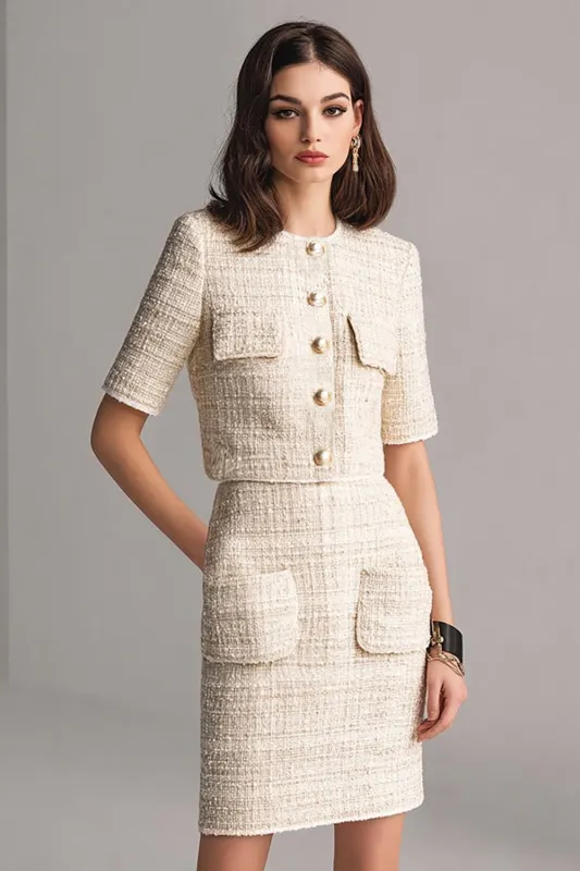 Ivory 2-Piece Bodycon Round Neck Knee-Length Work Dress with Pockets sold by Zapaka